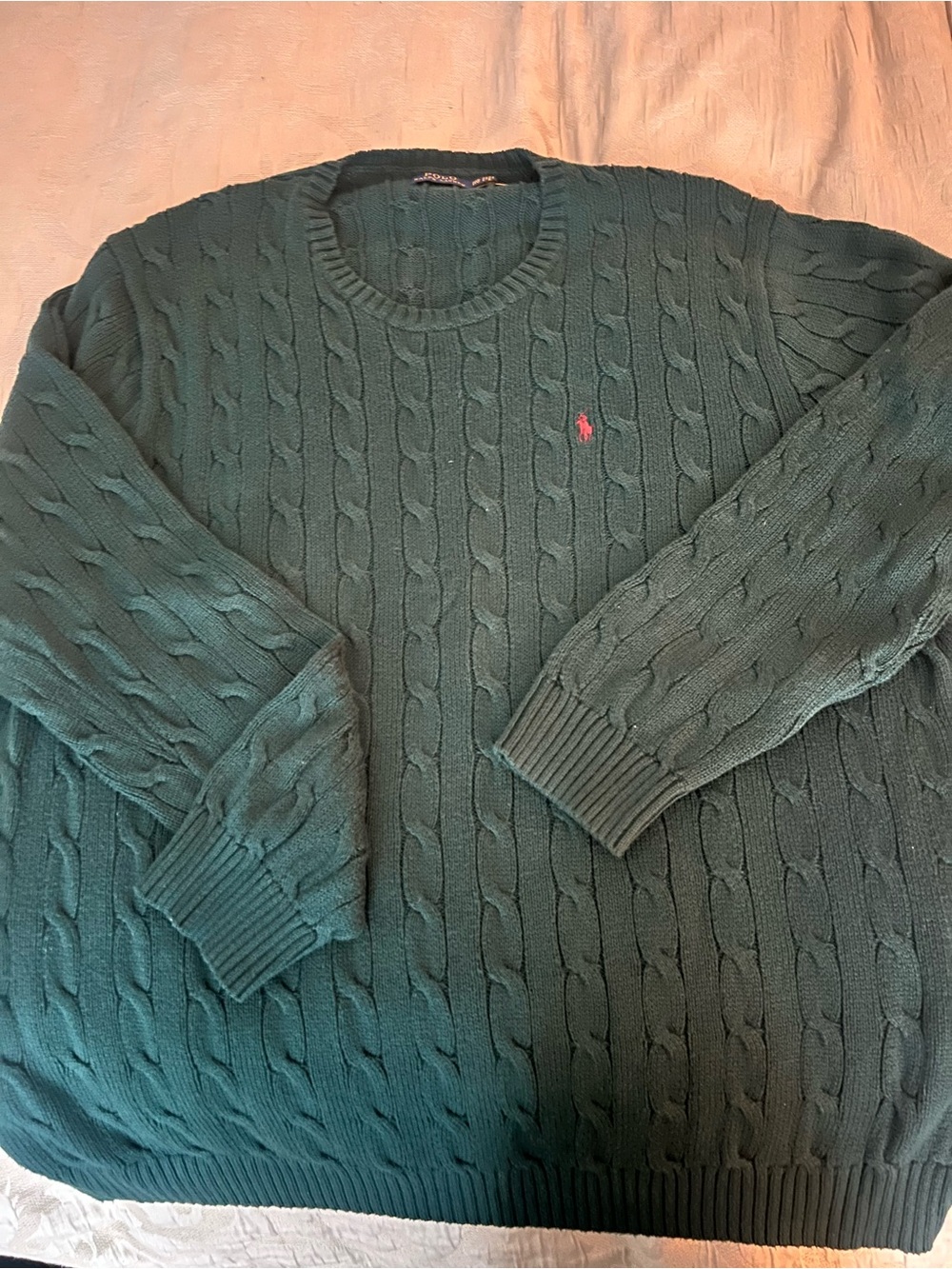 Polo by Ralph Lauren Green Cable Knit Crewneck Sweater with Pink Pony